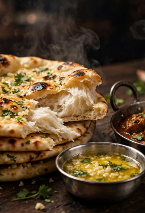 Garlic naan recipe – soft blistered garlic naan with garlic butter and cilantro beside a karahi of chicken curry