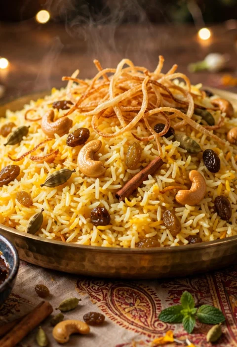 Ghee rice recipe – glossy white-golden rice crowned with crisp fried onions, cashews and raisins on a brass platter