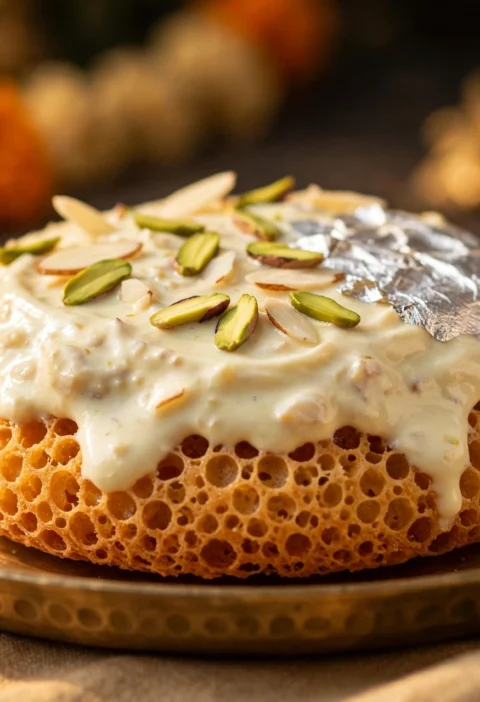 Ghevar – honeycomb disc with rabri and pistachio