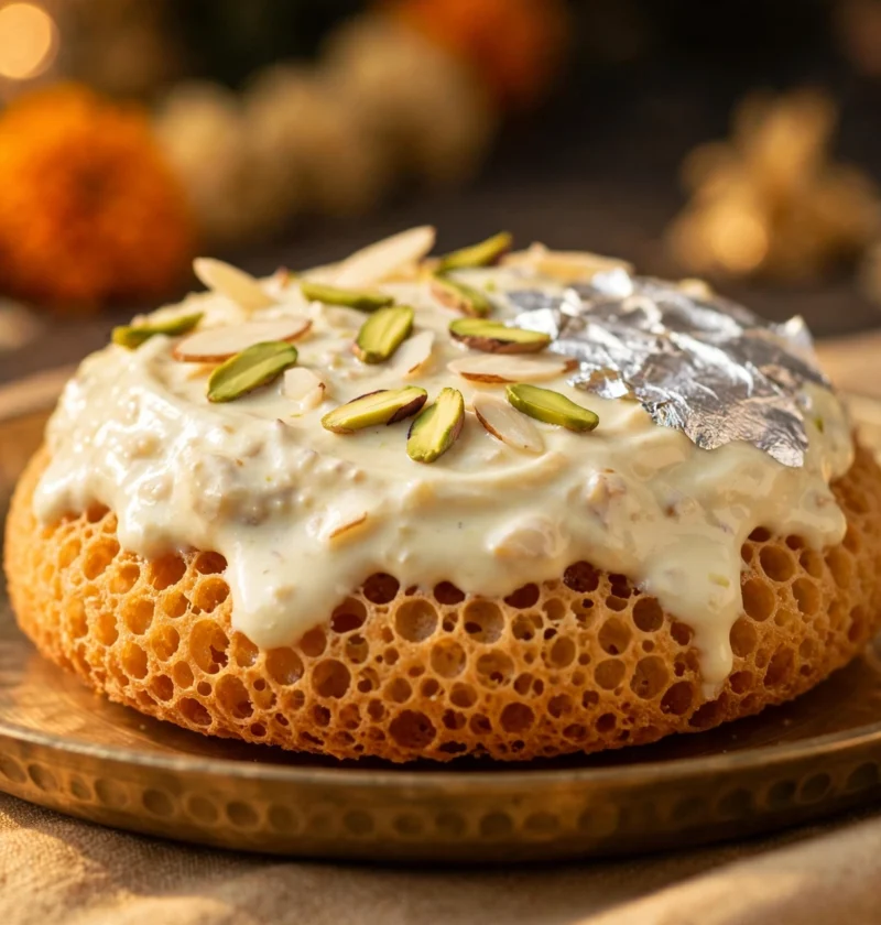 Ghevar – honeycomb disc with rabri and pistachio