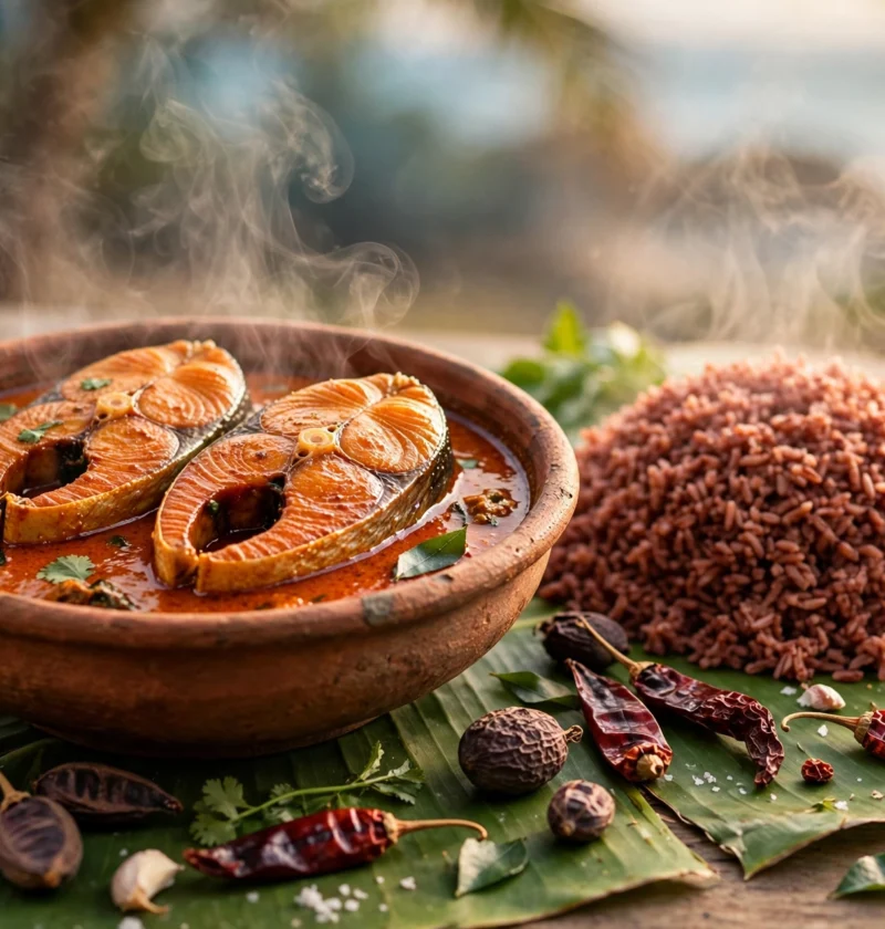 Goan fish curry recipe – king fish steaks in a fiery coconut and kokum curry, served with red rice