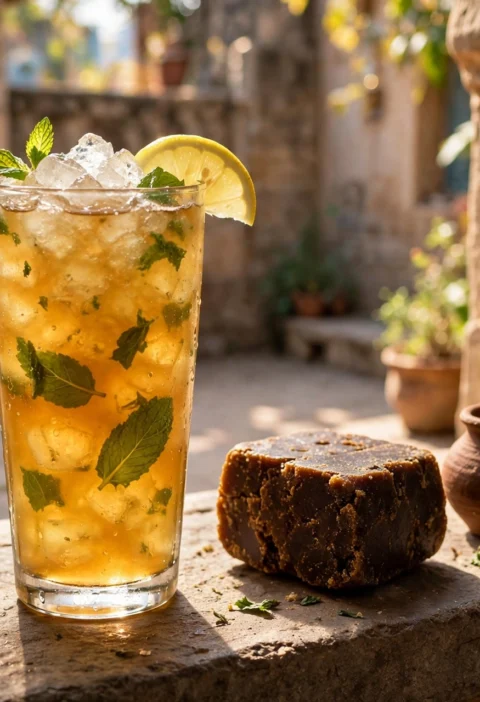 Gud sharbat recipe – golden jaggery sharbat with crushed ice, lemon and mint on a stone ledge
