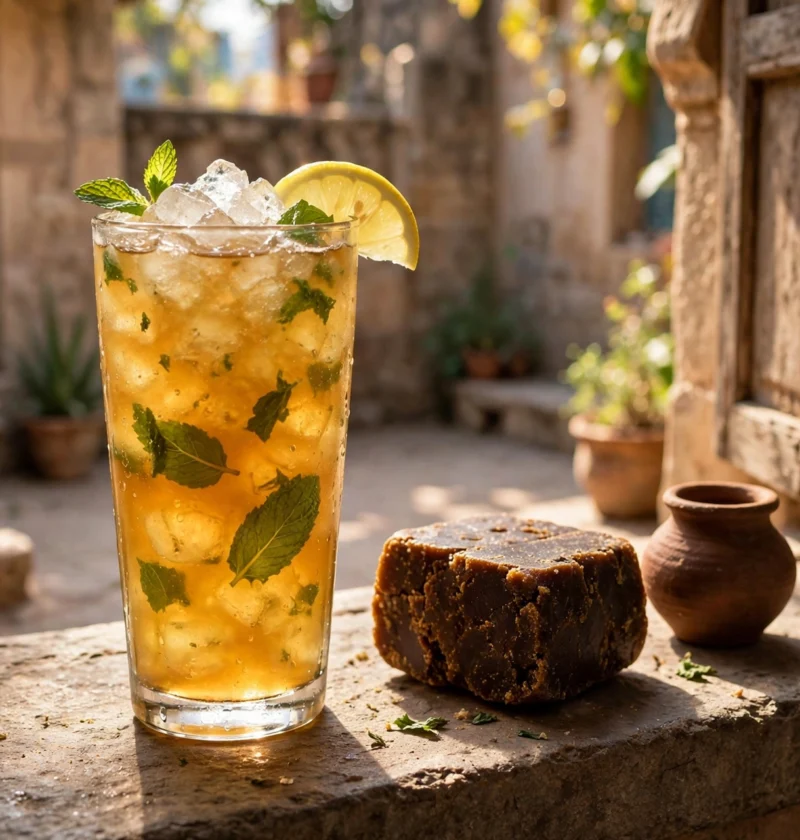 Gud sharbat recipe – golden jaggery sharbat with crushed ice, lemon and mint on a stone ledge