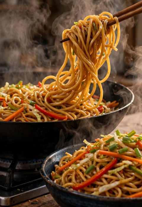 Hakka noodles recipe – glossy hakka noodles with crunchy vegetables tossed in a wok