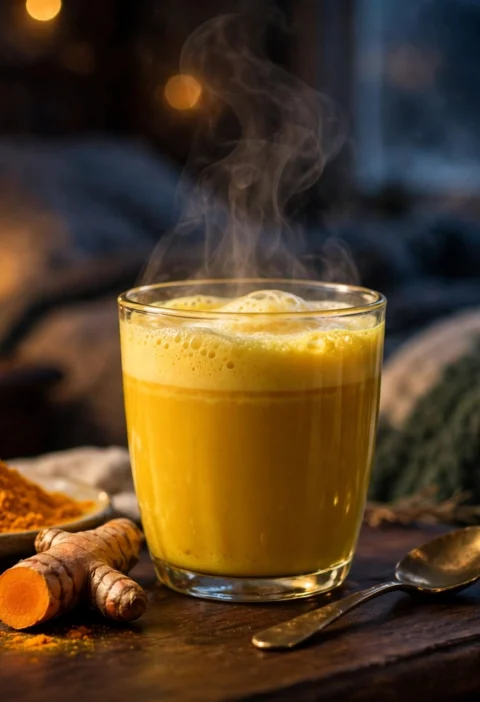 Haldi doodh recipe – a steaming glass of golden turmeric milk with froth, turmeric powder and fresh turmeric root beside it
