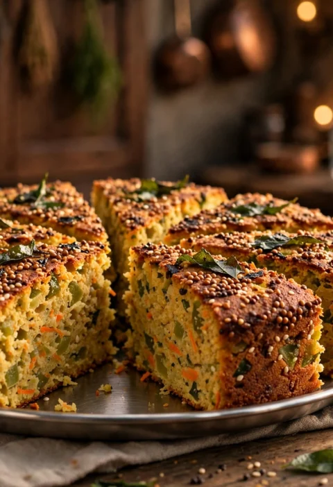 Handvo – golden vegetable cake wedges with sesame crust