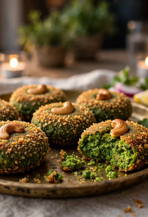 Hara Bhara Kebab – vivid green patties with cashew tops