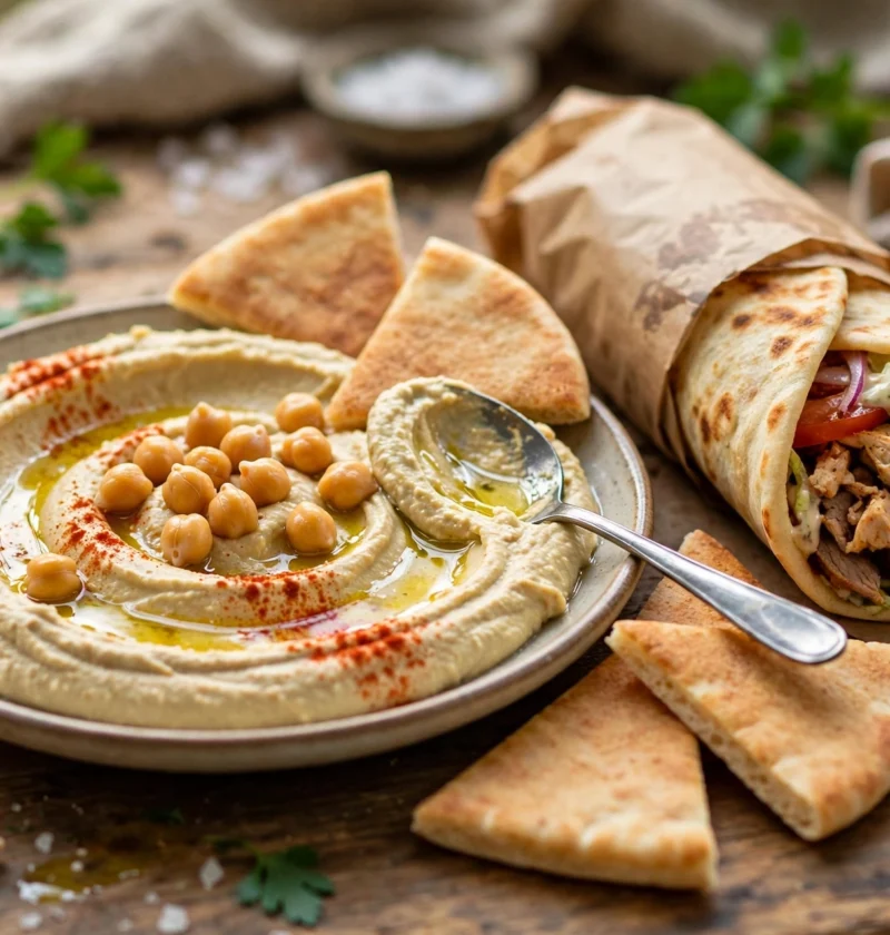 Hummus recipe – silky hummus swirled on a plate with olive oil, paprika, whole chickpeas and warm pita beside