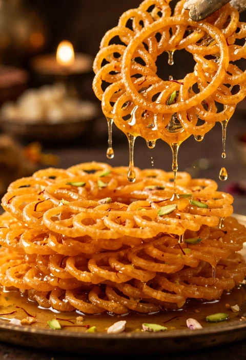 Imarti – golden flower sweets in saffron syrup