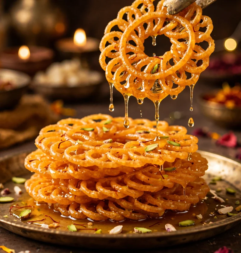 Imarti – golden flower sweets in saffron syrup