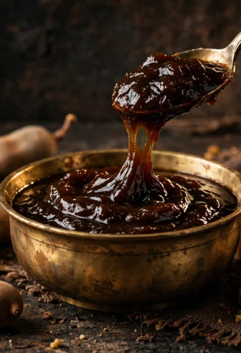 Imli chutney – glossy tamarind chutney in brass bowl