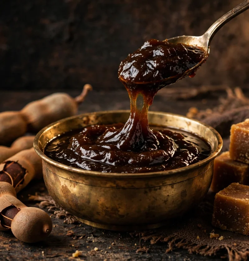 Imli chutney – glossy tamarind chutney in brass bowl