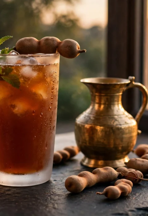 Imli sharbat recipe – chilled tamarind sharbat in a frosted glass with ice, mint and tamarind pod