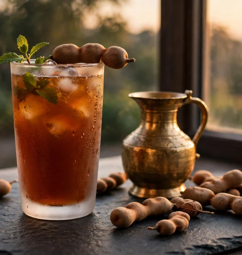Imli sharbat recipe – chilled tamarind sharbat in a frosted glass with ice, mint and tamarind pod