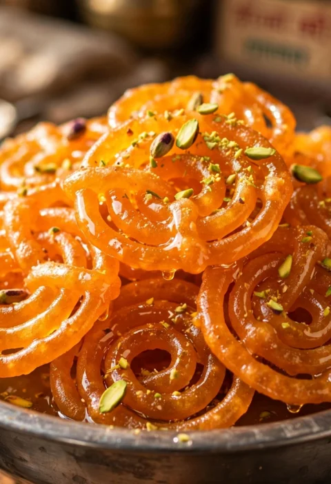 Jalebi – crispy golden spirals soaked in saffron syrup