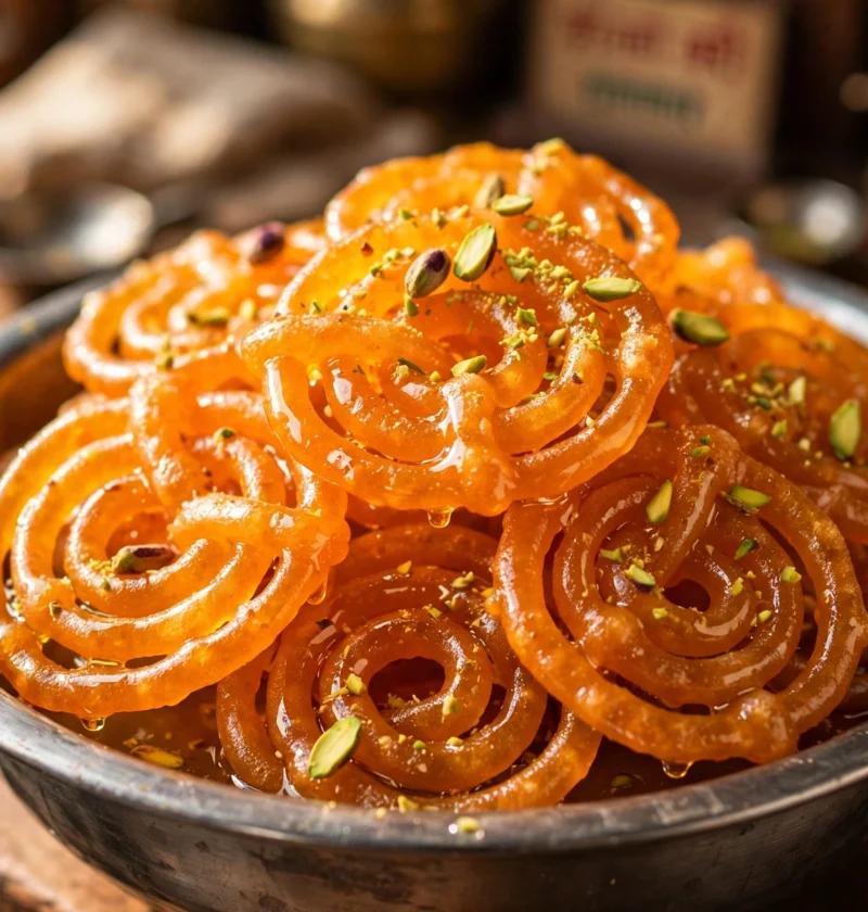 Jalebi – crispy golden spirals soaked in saffron syrup