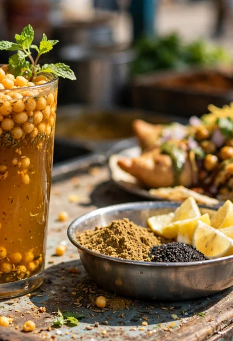 Jaljeera recipe – a tall glass of spiced jaljeera with boondi and mint, with roasted cumin and lemon beside it