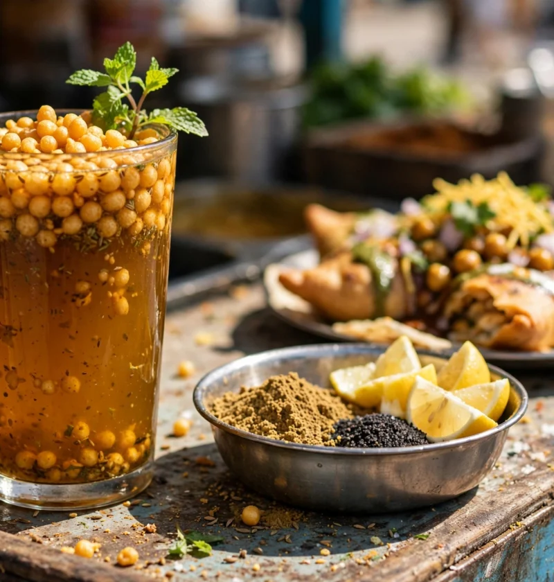Jaljeera recipe – a tall glass of spiced jaljeera with boondi and mint, with roasted cumin and lemon beside it