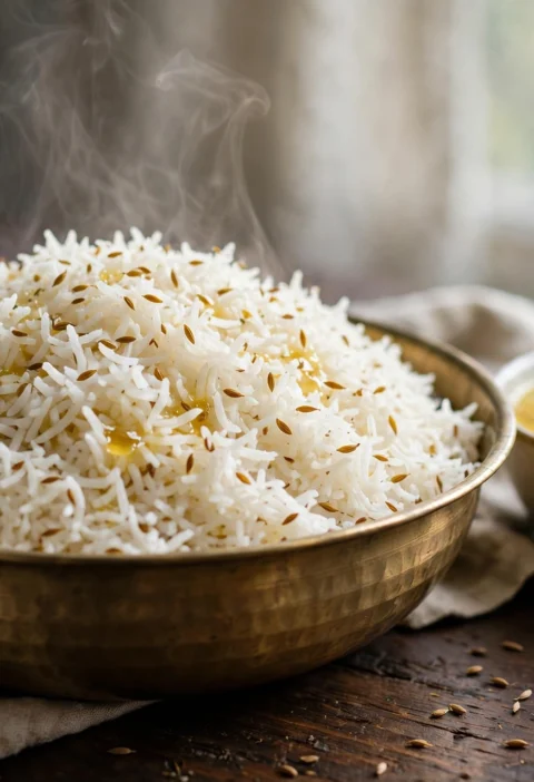 Jeera rice recipe – fluffy cumin basmati with toasted cumin seeds in a brass bowl, with dal beside it