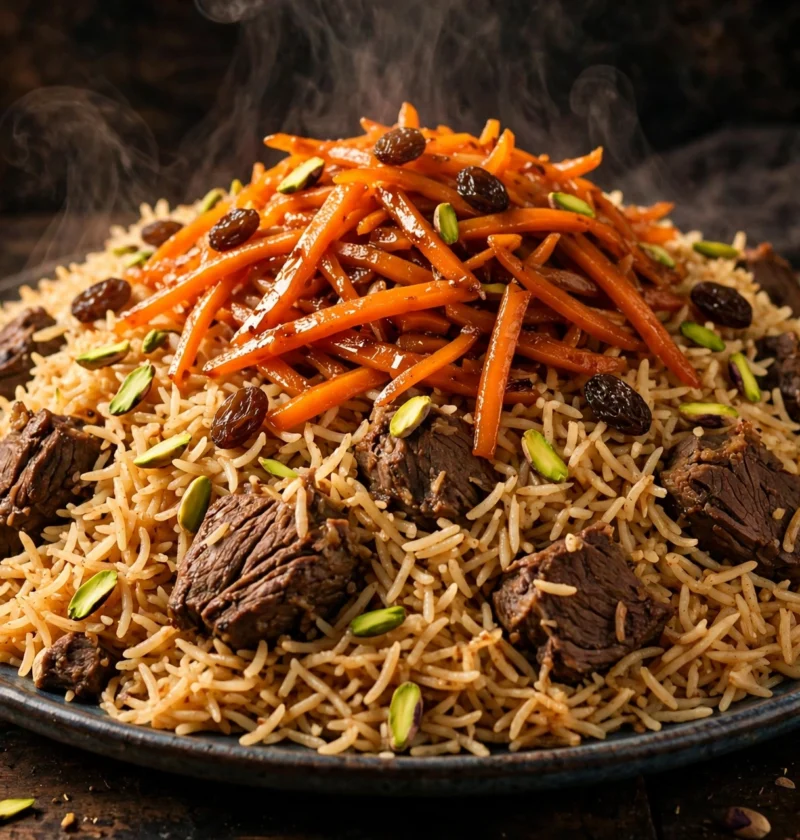 Kabuli pulao – beef rice with glazed carrot and raisin crown