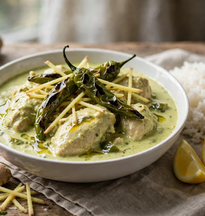 Kacha Lonka Murgi – green chilli chicken curry