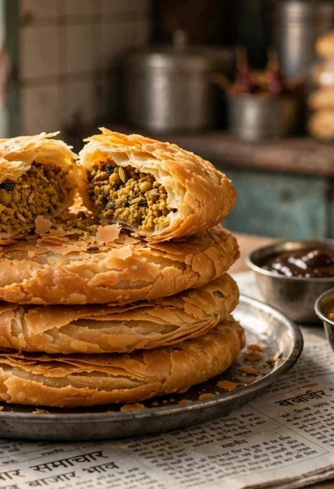 Kachori – golden flaky kachoris with spiced moong daal filling