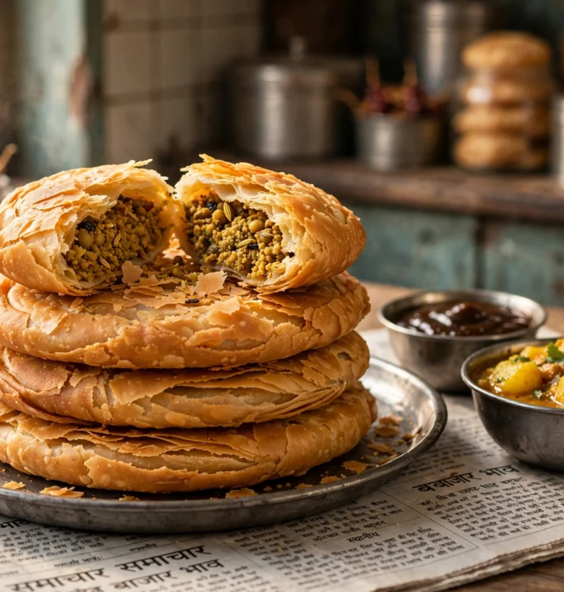 Kachori – golden flaky kachoris with spiced moong daal filling