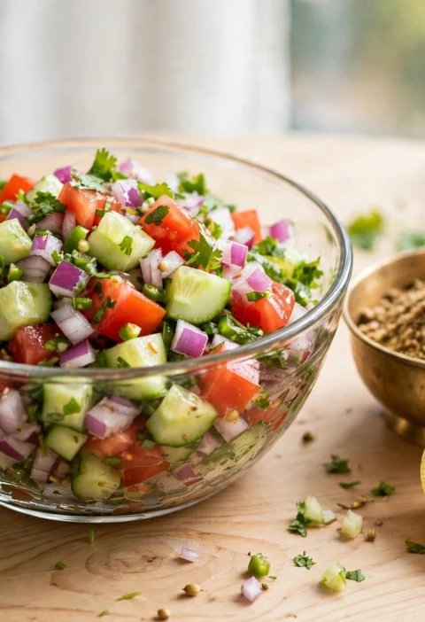Kachumber recipe – fresh onion tomato cucumber salad with lemon and chaat masala
