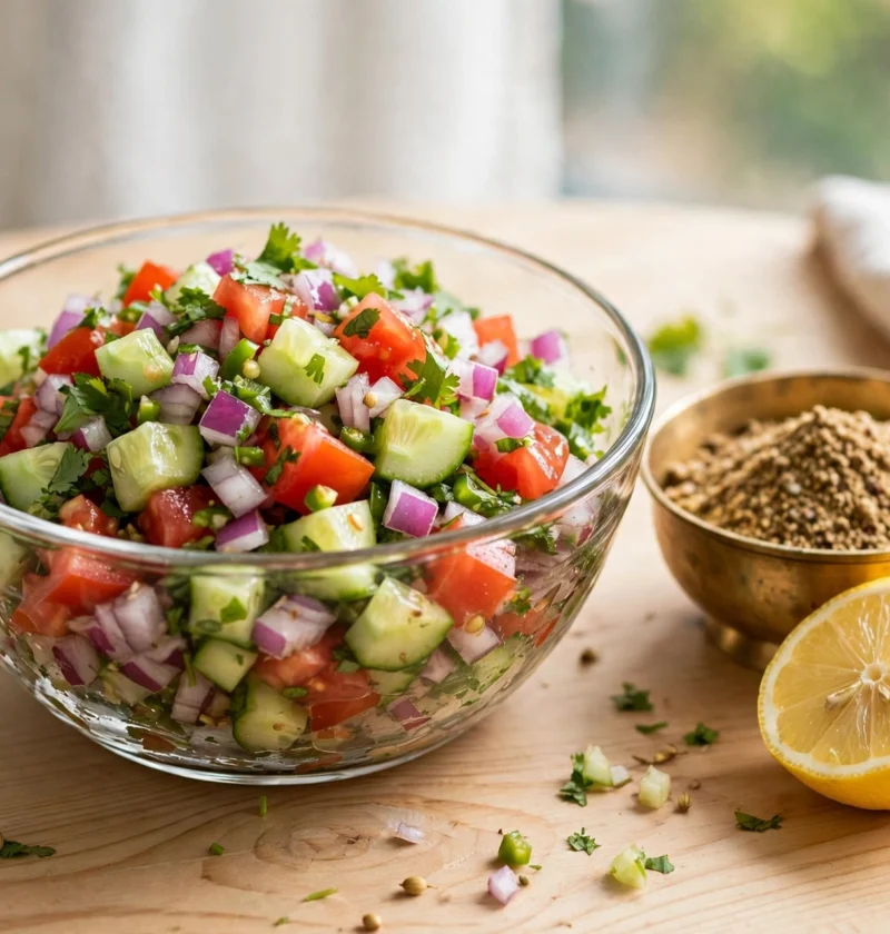 Kachumber recipe – fresh onion tomato cucumber salad with lemon and chaat masala