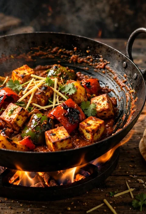 Kadai paneer recipe – paneer cubes and charred peppers in a black iron kadai with naan