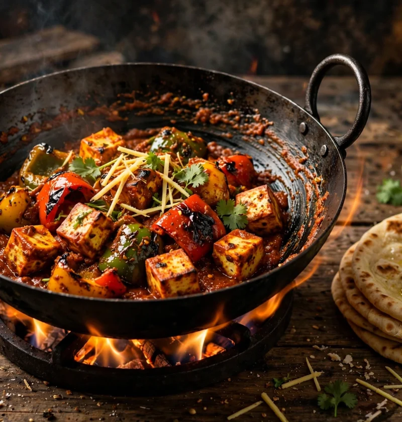 Kadai paneer recipe – paneer cubes and charred peppers in a black iron kadai with naan
