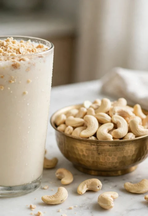 Kaju shake recipe – creamy cashew shake with crushed cashews and milk jug