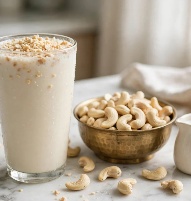 Kaju shake recipe – creamy cashew shake with crushed cashews and milk jug