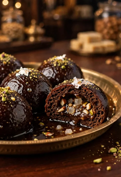 Kala jamun recipe – deep mahogany khoya jamuns in syrup on a brass thali, one cut open to show the jammy centre