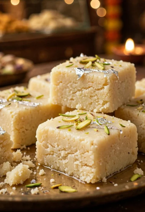 Kalakand – grainy milk fudge squares with pistachio