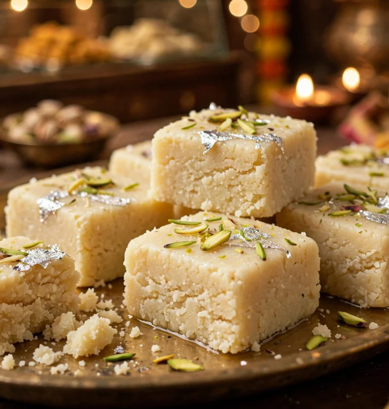 Kalakand – grainy milk fudge squares with pistachio