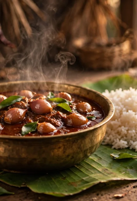 Kara kuzhambu recipe – dark tamarind curry with shallots and curry leaves served with rice on a banana leaf