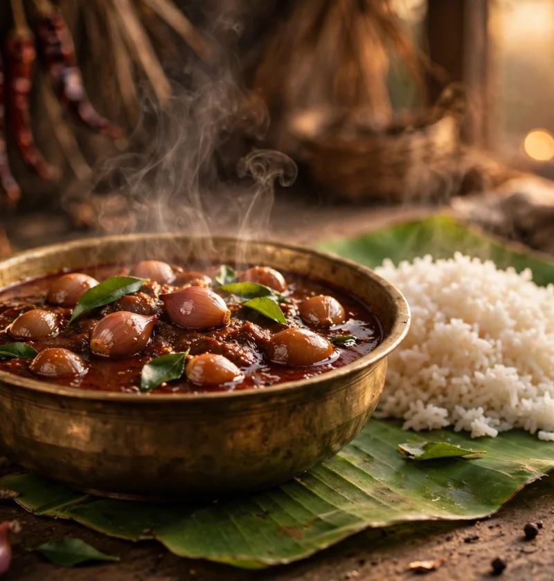 Kara kuzhambu recipe – dark tamarind curry with shallots and curry leaves served with rice on a banana leaf