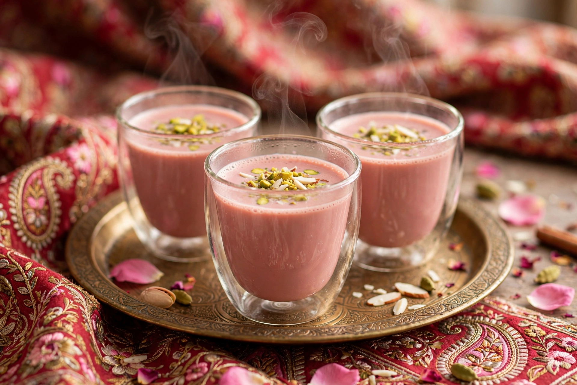 Kashmiri chai – pink tea with pistachios and almonds in glass cups
