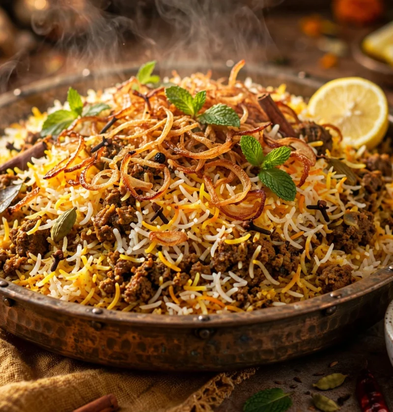 Keema Biryani – layered beef mince biryani with saffron rice