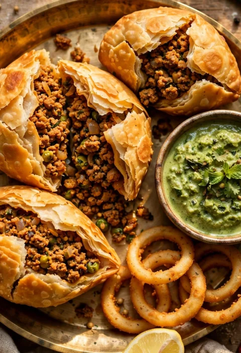 Keema kachori recipe – golden flaky keema kachoris split open showing spiced mince filling with mint chutney