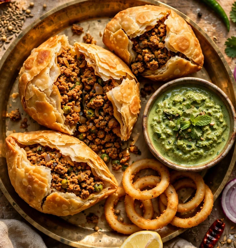 Keema kachori recipe – golden flaky keema kachoris split open showing spiced mince filling with mint chutney