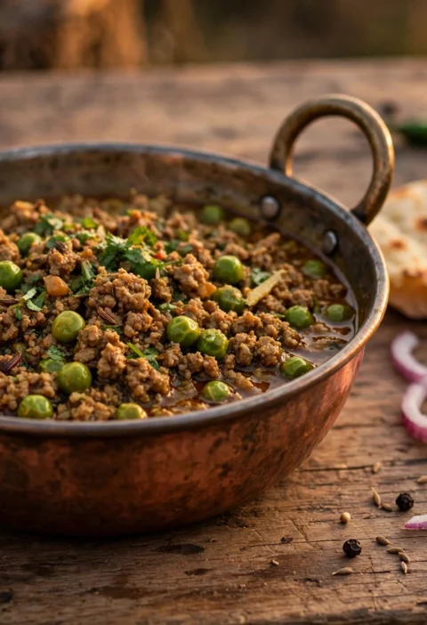 Keema matar recipe – minced beef with green peas in a copper karahi with naan