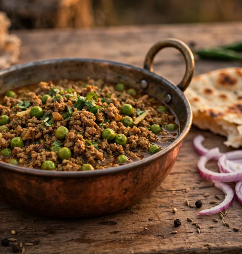 Keema matar recipe – minced beef with green peas in a copper karahi with naan