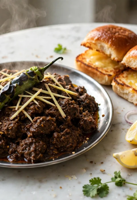 Keema pav recipe – dark spiced beef keema heaped on a steel plate with butter-toasted pav buns, onion rings and lemon wedges