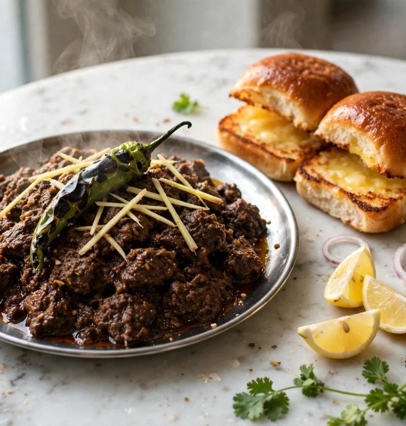 Keema pav recipe – dark spiced beef keema heaped on a steel plate with butter-toasted pav buns, onion rings and lemon wedges