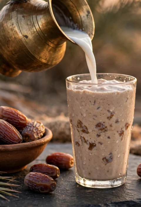 Khajoor shake recipe – dates milkshake with brass lota pouring milk and dates bowl