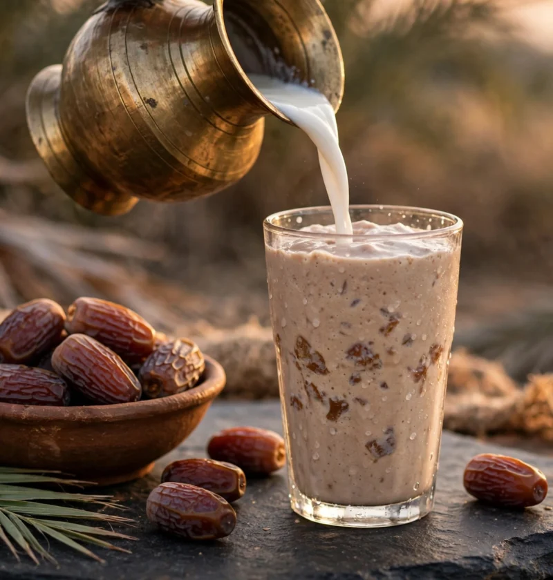 Khajoor shake recipe – dates milkshake with brass lota pouring milk and dates bowl