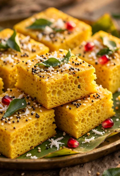 Khaman – spongy steamed chickpea cake squares