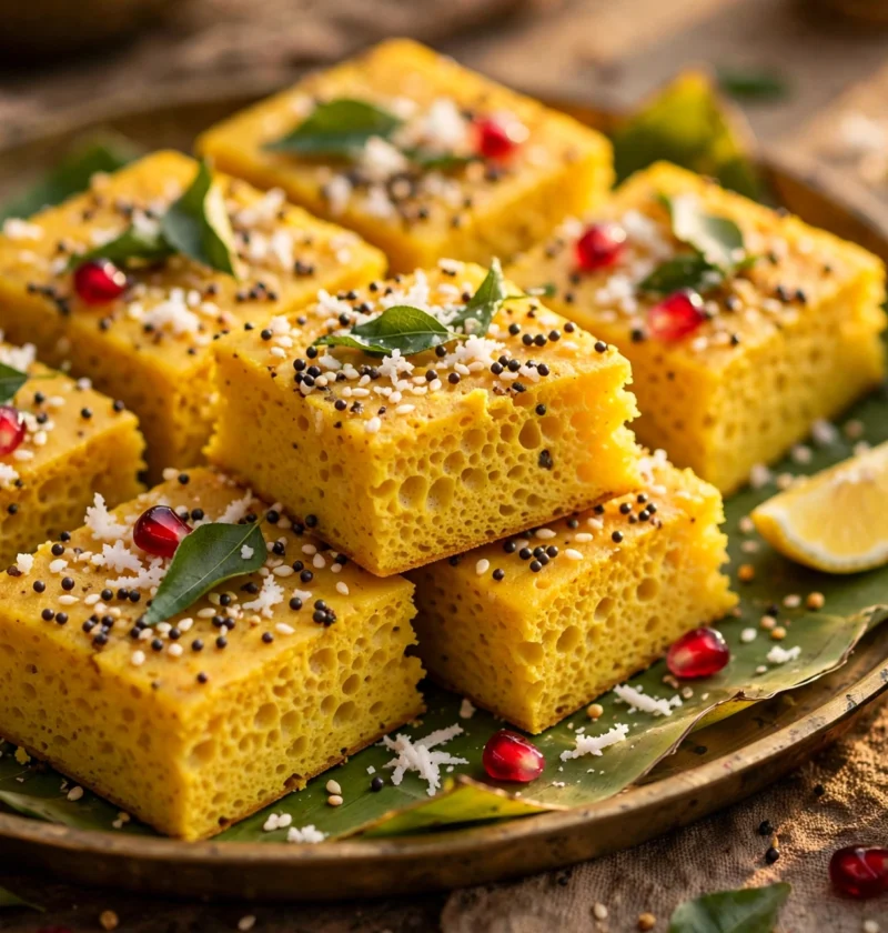 Khaman – spongy steamed chickpea cake squares